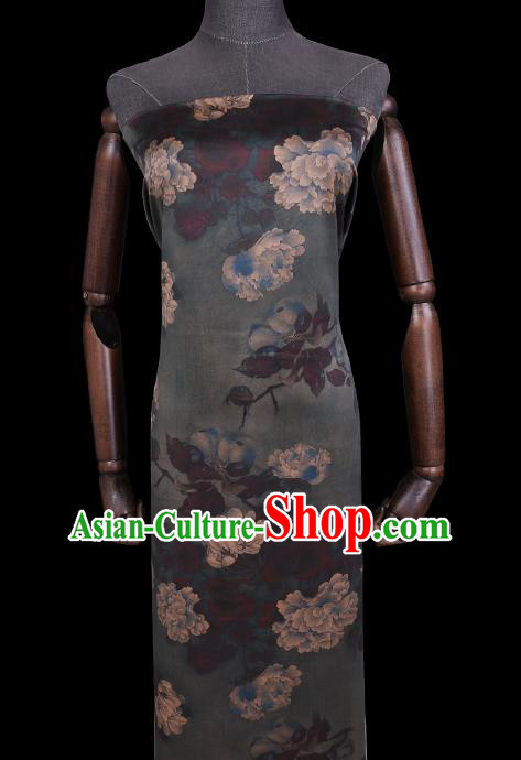 Chinese Classical Peony Pattern Atrovirens Satin Fabric Gambiered Guangdong Silk Traditional Cheongsam Watered Gauze