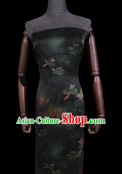 Chinese Classical Green Lotus Pattern Silk Fabric Traditional Cheongsam Gambiered Guangdong Silk Watered Gauze