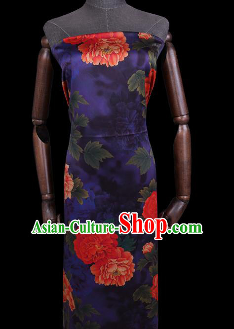 Chinese Classical Peony Pattern Deep Blue Silk Fabric Traditional Watered Gauze Gambiered Guangdong Silk Cheongsam Cloth