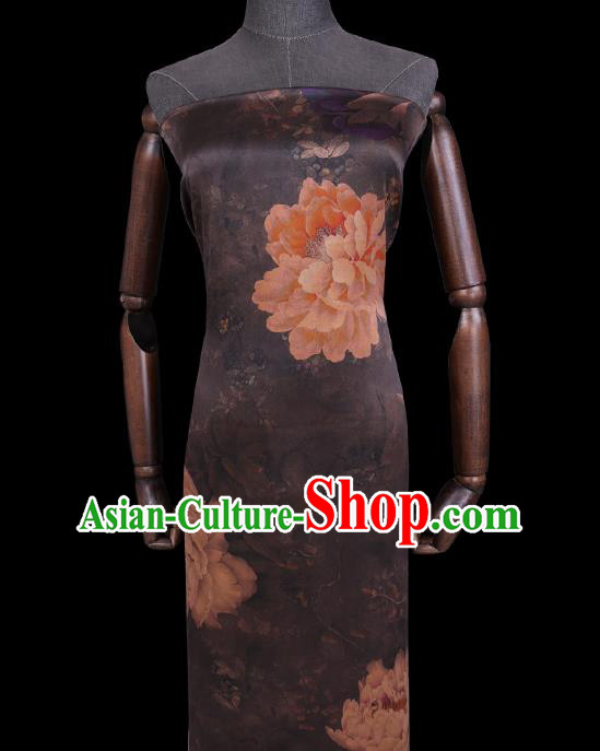 Chinese Traditional Watered Gauze Gambiered Guangdong Silk Cheongsam Cloth Classical Peony Pattern Grey Silk Fabric