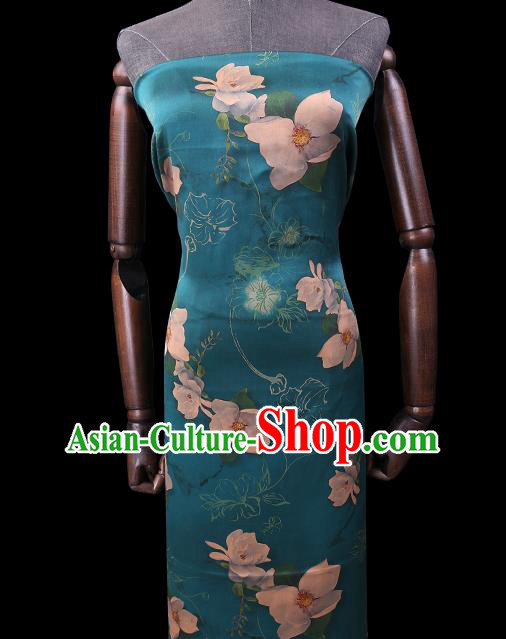 Chinese Classical Flowers Pattern Blue Gambiered Guangdong Silk Traditional Watered Gauze Cheongsam Silk Fabric