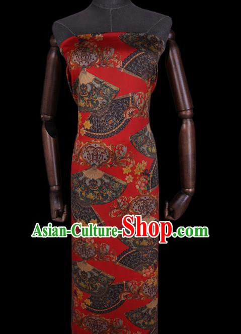 Chinese Classical Fans Pattern Red Gambiered Guangdong Silk Fabric Cheongsam Cloth Traditional Watered Gauze