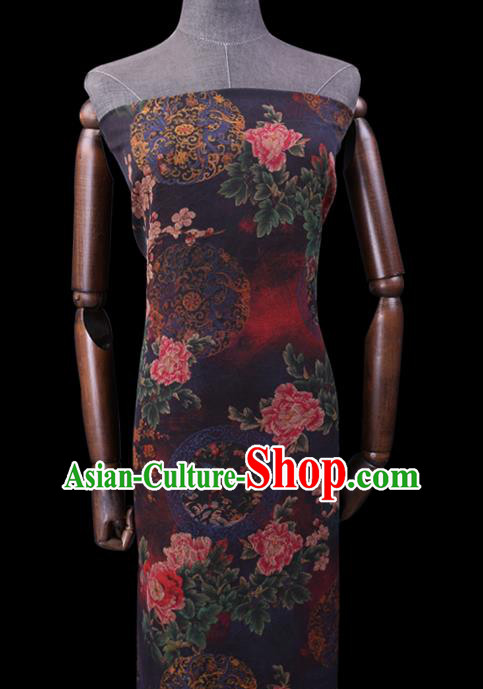 Chinese Cheongsam Silk Fabric Traditional Watered Gauze Classical Peony Pattern Navy Gambiered Guangdong Silk