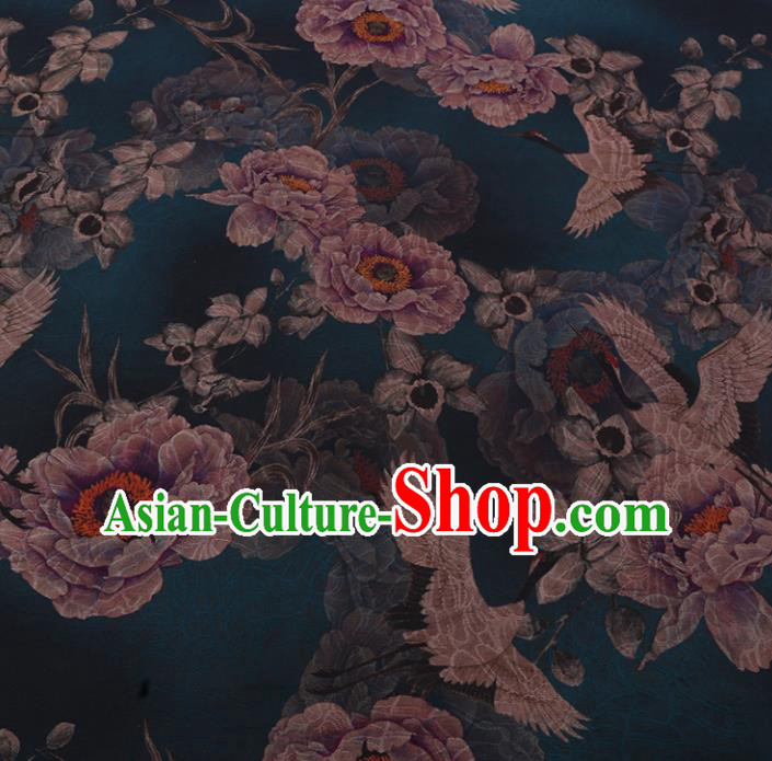 Chinese Classical Crane Peony Pattern Dark Green Gambiered Guangdong Silk Traditional Watered Gauze Cheongsam Silk Fabric