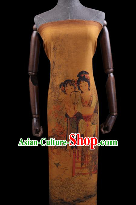 China Classical Noble Lady Pattern Yellow Silk Fabric Watered Gauze Traditional Cheongsam Cloth