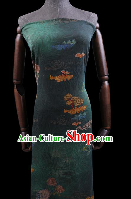 Chinese Classical Flowers Pattern Dark Green Gambiered Guangdong Silk Fabric Traditional Cheongsam Watered Gauze