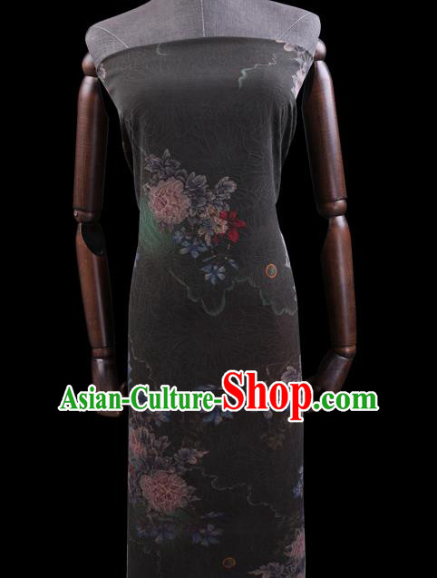 Chinese Traditional Cheongsam Watered Gauze Classical Flowers Pattern Black Gambiered Guangdong Silk Fabric