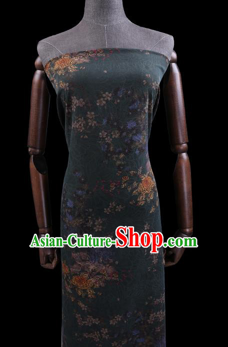 Chinese Traditional Cheongsam Gambiered Guangdong Watered Gauze Classical Chrysanthemum Pattern Dark Green Silk Fabric