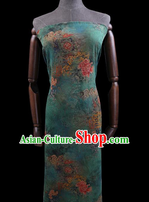 Chinese Traditional Green Silk Fabric Classical Peony Pattern Cheongsam Gambiered Guangdong Gauze