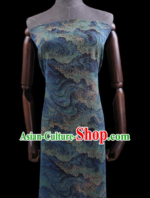 Chinese Traditional Classical Sea Wave Pattern Blue Gambiered Guangdong Gauze Cheongsam Silk Fabric