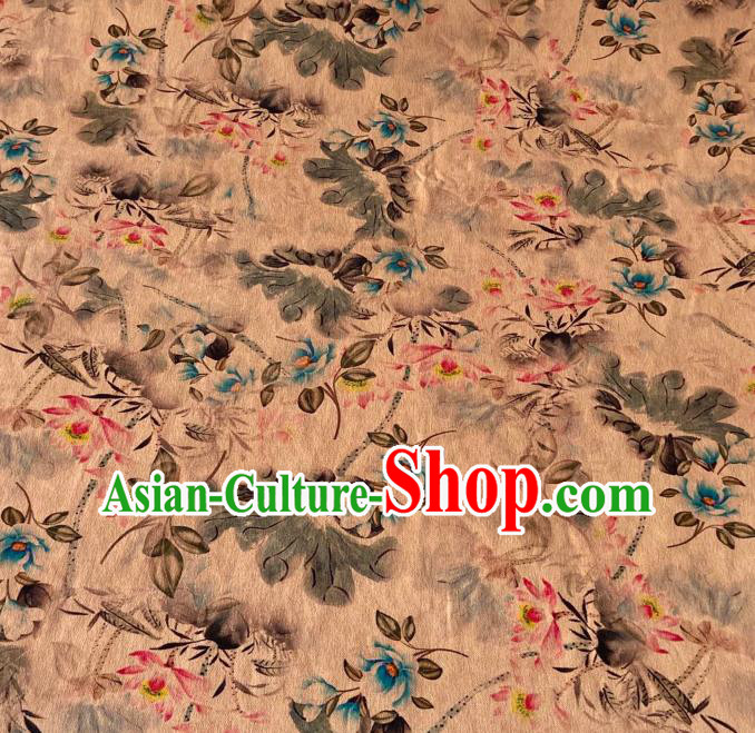 Chinese Classical Ink Lotus Pattern Gambiered Guangdong Gauze Traditional Cheongsam Beige Silk Fabric