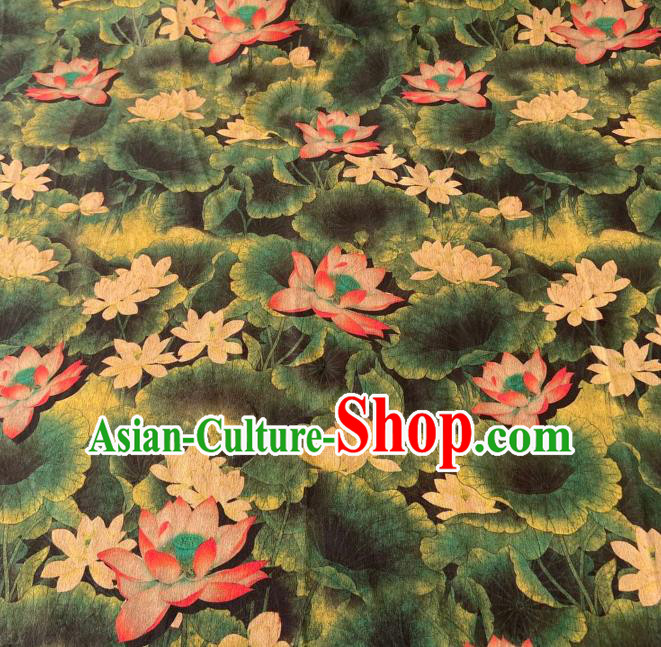 Chinese Classical Lotus Pattern Gambiered Guangdong Gauze Traditional Cheongsam Dark Green Silk Fabric