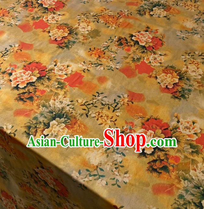 Chinese Cheongsam Classical Peony Pattern Gambiered Guangdong Silk Traditional Watered Gauze Yellow Satin Fabric