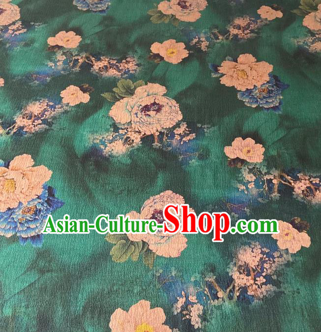 Chinese Classical Plum Peony Pattern Gambiered Guangdong Silk Traditional Cheongsam Green Watered Gauze Fabric