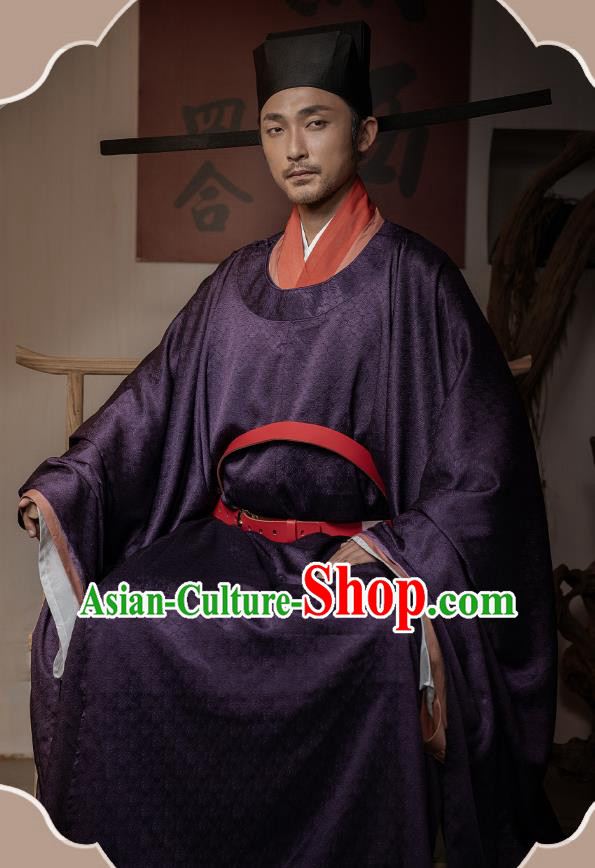 China Ancient Emperor Purple Hanfu Robe Traditional Song Dynasty Male Historical Clothing