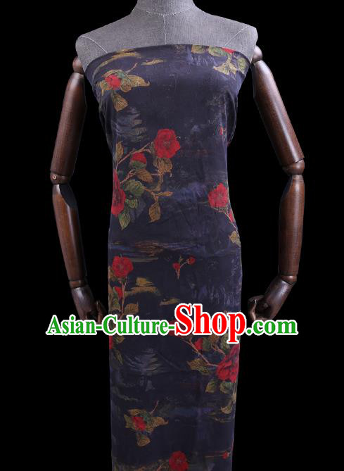 Chinese Classical Roses Pattern Navy Silk Drapery Cheongsam Damask Traditional Gambiered Guangdong Gauze Cloth Fabric