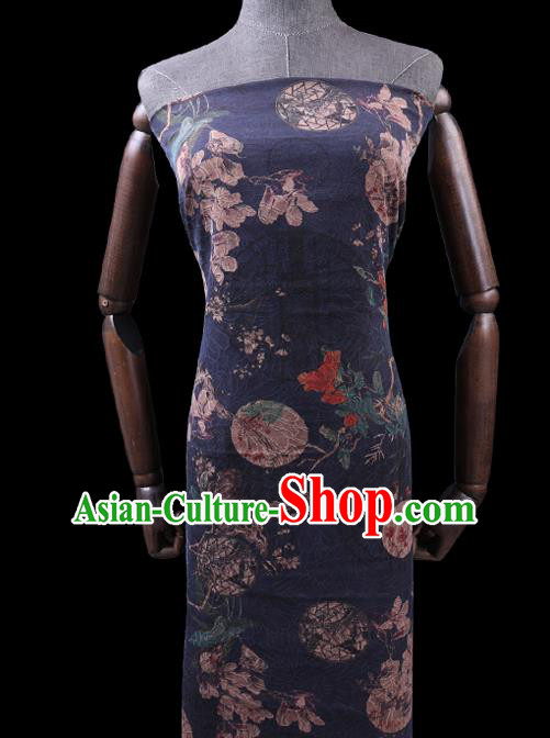 Chinese Traditional Gambiered Guangdong Gauze Cloth Fabric Classical Mangnolia Pattern Navy Silk Drapery Cheongsam Damask