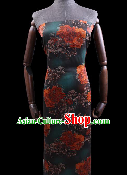 Chinese Classical Peony Pattern Deep Green Silk Drapery Traditional Gambiered Guangdong Gauze Cheongsam Cloth Fabric