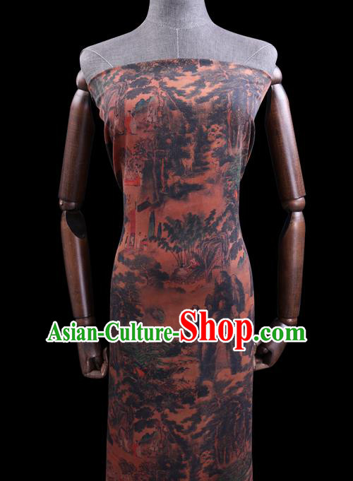 Chinese Traditional Brown Gambiered Guangdong Gauze Cheongsam Fabric Classical Landscape Pattern Silk Drapery