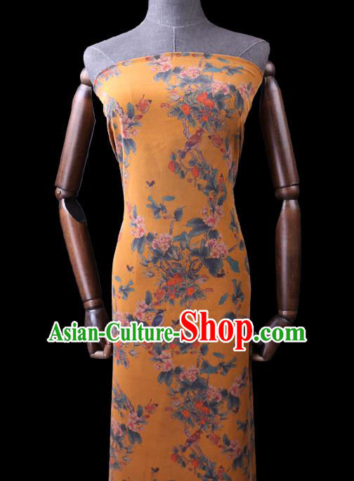 Chinese Classical Begonia Birds Pattern Silk Drapery Gambiered Guangdong Gauze Traditional Cheongsam Yellow Fabric