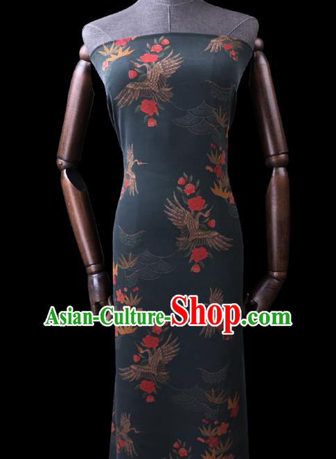 Chinese Classical Crane Plum Pattern Silk Drapery Gambiered Guangdong Gauze Traditional Cheongsam Dark Green Silk Fabric