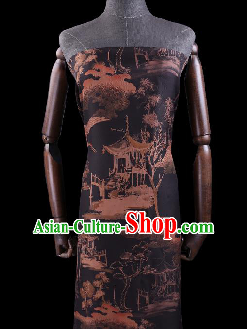 Chinese Classical Landscape Pattern Black Silk Drapery Traditional Cheongsam Silk Fabric Gambiered Guangdong Gauze