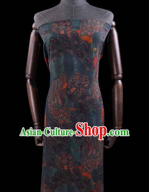 Chinese Classical Peacock Pattern Silk Drapery Traditional Cheongsam Silk Fabric Deep Green Gambiered Guangdong Gauze