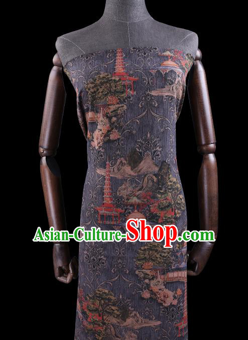 Chinese Classical Pagoda Pattern Silk Drapery Traditional Cheongsam Gambiered Guangdong Gauze Grey Silk Fabric