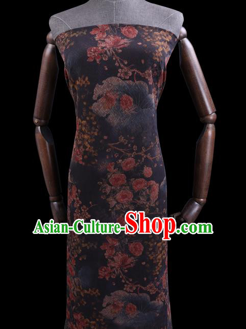 Chinese Classical Flowers Pattern Satin Fabric Cheongsam Damask Traditional Gambiered Guangdong Gauze Cloth Black Silk Drapery