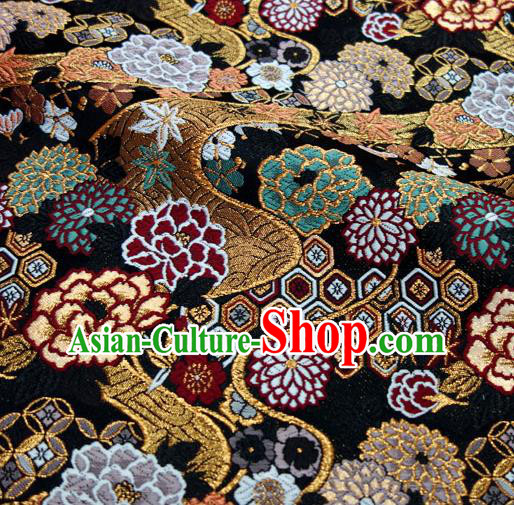 Asian Traditional Peony Chrysanthemum Pattern Design Brocade Japanese Kimono Fabric Nishijin Black Tapestry Satin