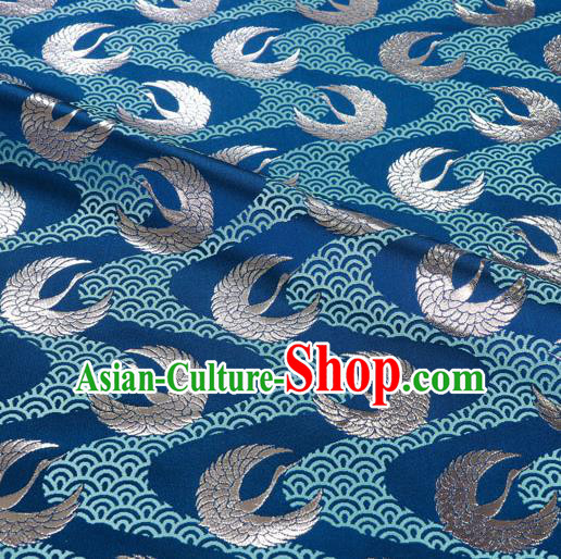 Asian Japanese Kimono Fabric Nishijin Tapestry Satin Traditional Crane Pattern Design Blue Brocade