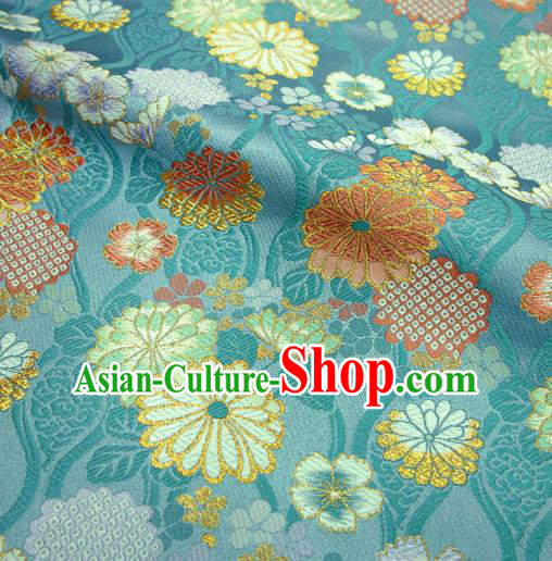 Japanese Traditional Chrysanthemum Pattern Design Brocade Asian Kimono Fabric Nishijin Blue Tapestry Satin