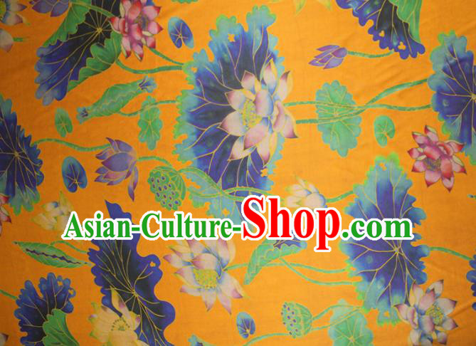 Chinese Classical Lotus Pattern Yellow Silk Drapery Traditional Gambiered Guangdong Gauze Cheongsam Satin Fabric