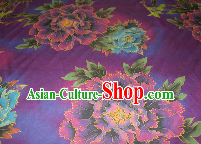 Chinese Classical Peony Pattern Silk Drapery Traditional Gambiered Guangdong Gauze Cheongsam Purple Satin Fabric