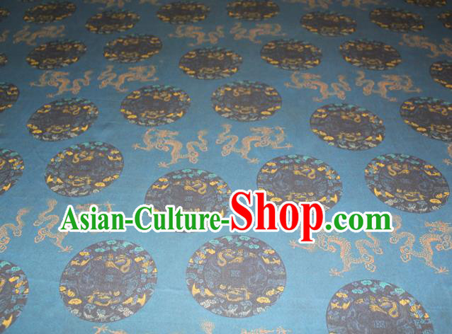 Chinese Classical Round Dragon Pattern Silk Drapery Traditional Gambiered Guangdong Gauze Cheongsam Blue Satin Fabric