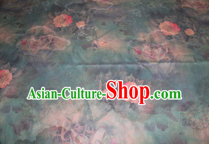 Chinese Classical Lotus Flowers Pattern Silk Drapery Traditional Gambiered Guangdong Gauze Cheongsam Dark Green Satin Fabric