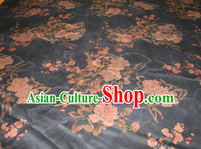 Chinese Classical Plum Peony Pattern Silk Drapery Traditional Gambiered Guangdong Gauze Cheongsam Black Satin Fabric