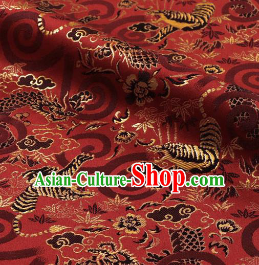 Asian Japanese Nishijin Tapestry Satin Kimono Cloth Fabric Traditional Dragon Tiger Pattern Design Red Brocade