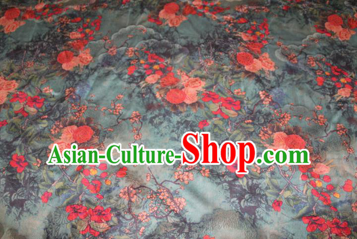 Chinese Classical Peony Plum Pattern Silk Drapery Traditional Gambiered Guangdong Gauze Cheongsam Green Satin Fabric