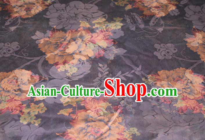 Chinese Classical Peony Pattern Silk Drapery Traditional Gambiered Guangdong Gauze Cheongsam Black Satin Fabric