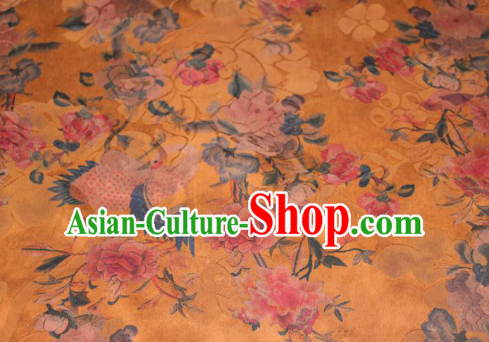 Chinese Classical Crane Peony Pattern Silk Drapery Traditional Gambiered Guangdong Gauze Cheongsam Yellow Satin Fabric