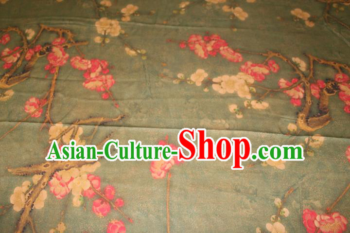 Chinese Traditional Cheongsam Gambiered Guangdong Gauze Fabric Classical Plum Blossom Pattern Olive Green Silk Drapery