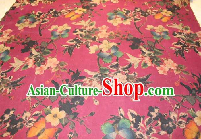 Chinese Classical Flowers Butterfly Pattern Silk Drapery Traditional Gambiered Guangdong Gauze Cheongsam Rosy Satin Fabric