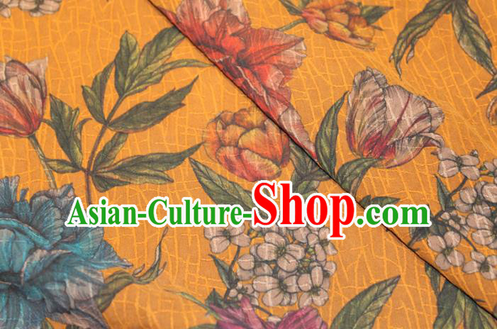 Chinese Classical Flowers Pattern Silk Drapery Traditional Gambiered Guangdong Gauze Cheongsam Yellow Satin Fabric