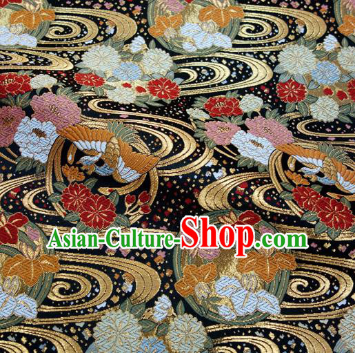 Asian Traditional Sakura Pattern Design Black Brocade Japanese Kimono Cloth Fabric Nishijin Tapestry Satin