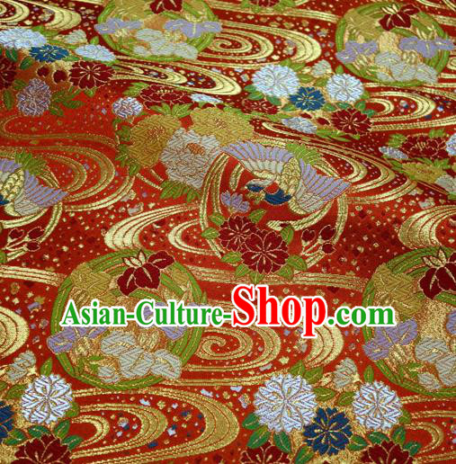 Asian Nishijin Tapestry Satin Traditional Sakura Phoenix Pattern Design Red Brocade Japanese Kimono Cloth Fabric