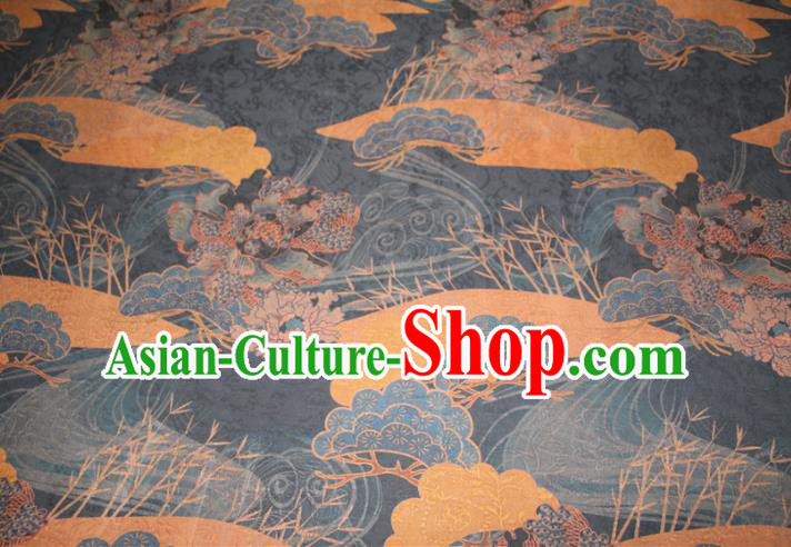 Chinese Cheongsam Navy Satin Fabric Traditional Gambiered Guangdong Gauze Classical Cloud Peony Pattern Silk Drapery