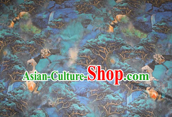 Chinese Cheongsam Blue Satin Fabric Traditional Ginger Gambiered Guangdong Gauze Classical Pinewood Pattern Silk Drapery