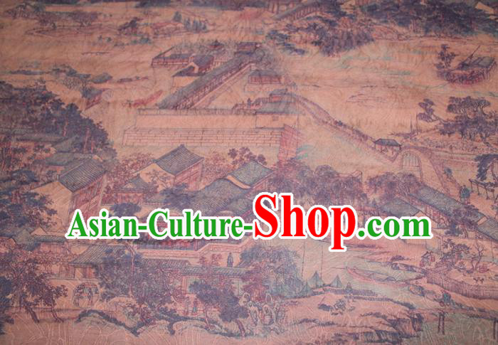 Chinese Cheongsam Ginger Satin Fabric Traditional Ginger Gambiered Guangdong Gauze Classical Scenery Pattern Silk Drapery