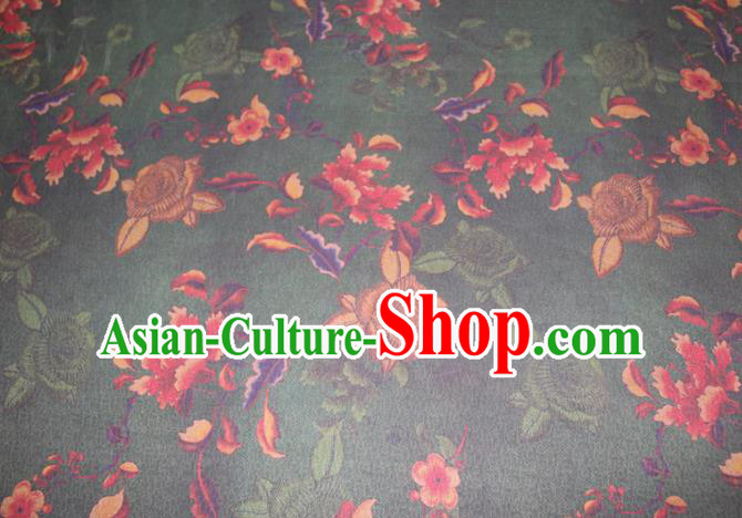 Chinese Cheongsam Deep Green Satin Fabric Traditional Ginger Gambiered Guangdong Gauze Classical Rose Pattern Silk Drapery